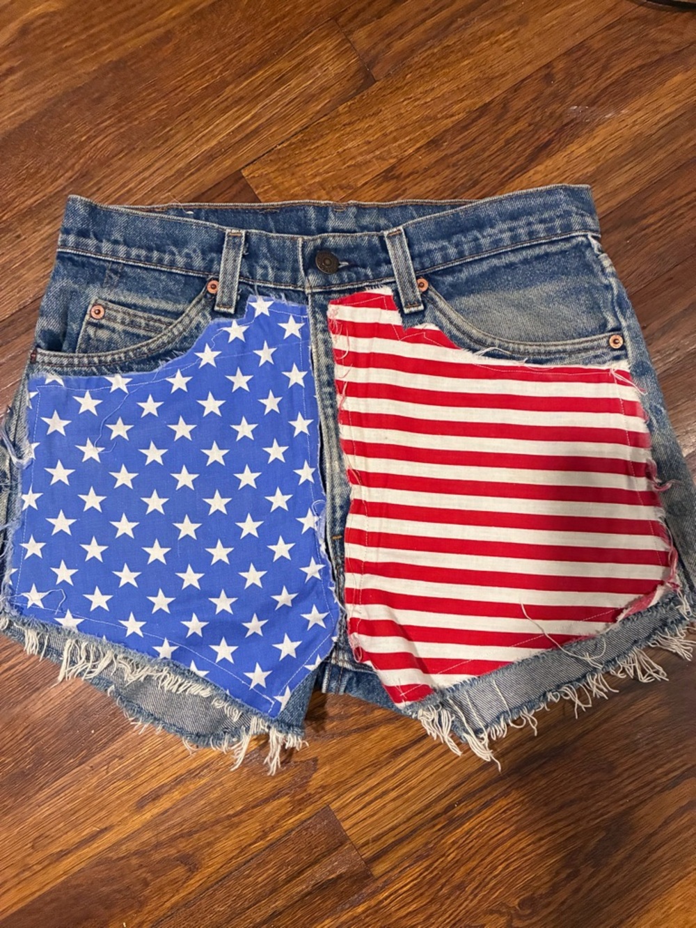 Levi's Denim Cutoff Shorts with Flag Patch Panels - Blue, Red, White